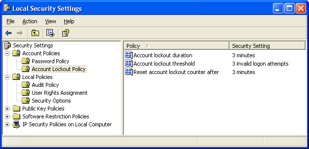Screen shot showing a minimal account lockout policy