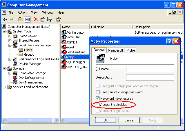Screen shot showing the 'Account is disabled' checkbox on the user property page
