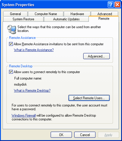 Screen shot showing remote desktop control panel tab