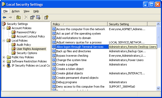 Screen shot showing local security settings