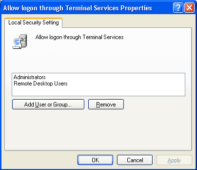 Screen shot showing Terminal Services users