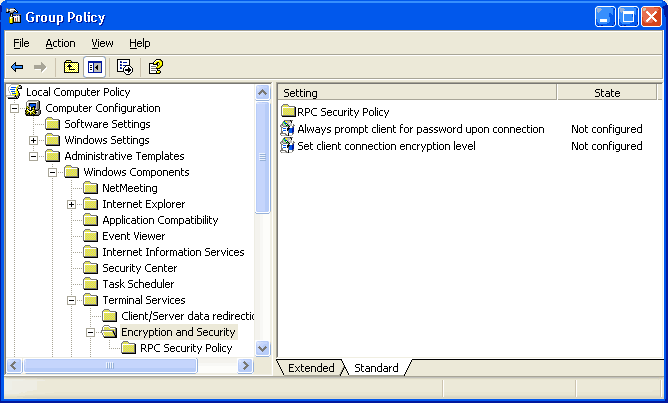 Screen shot showing Terminal Services Security settings in the Group Policy