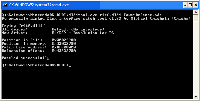 dlditool.exe r4tf.dldi TowerDefense.nds